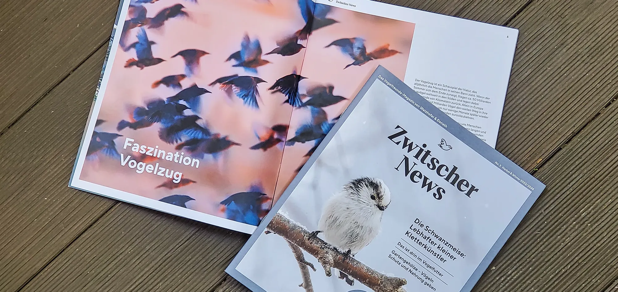 Zwei Magazine auf Holz: offene Doppelseite mit fliegenden Vögeln ‚Faszination Vogelzug‘, daneben Titel ‚Zwitscher News‘ mit Schwanzmeise auf Ast.
